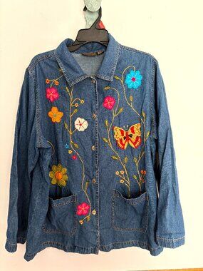 Allure 18/22 Denim Utility Jacket Women's Plus Size Jean Shacket Embroidered